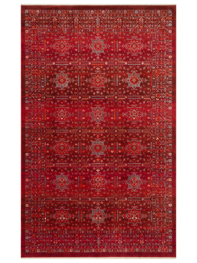 Nil Series Ethnic and Modern Patterned Colorful Fringed Living Room Kitchen Carpet 21 RED