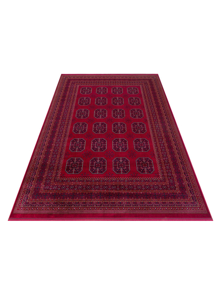 Paghman Series Afghan Patterned Viscose Dense Woven Non-Slip Based Thin Machine-Made Carpet 02 RED