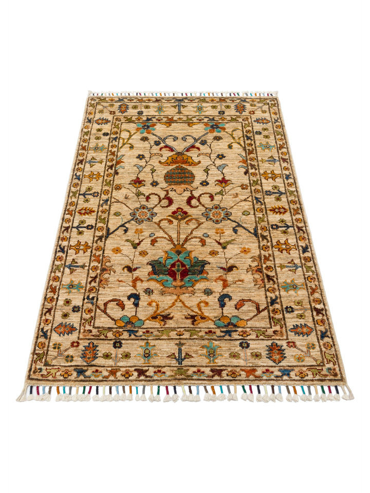 El dokuma Afgan halı krem bitkisel desen 85x125 cm