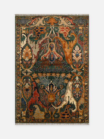 El dokuma Afgan halı zümrüt yeşili kuşlu cennet bahçesi 183x270 cm kuşbakışı tam görünüm