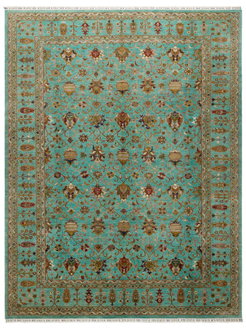 El dokuma Afgan halı turkuaz Şah Abbas palmet rozet kuşbakışı 301x394 cm