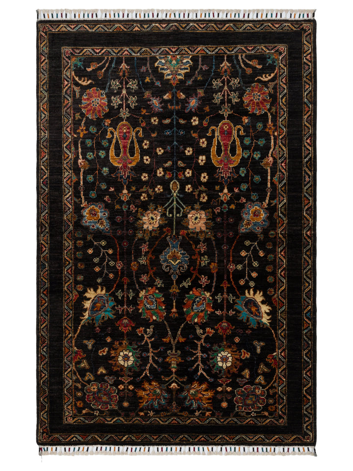 El dokuma Afgan halı siyah bitkisel desen 125x189 cm