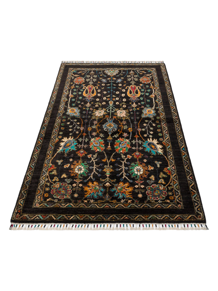 El dokuma Afgan halı siyah bitkisel desen 125x189 cm