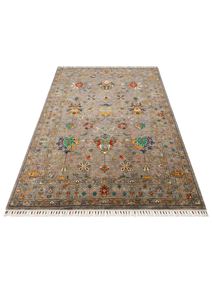 El dokuma Afgan halı gri bitkisel desen 150x209 cm