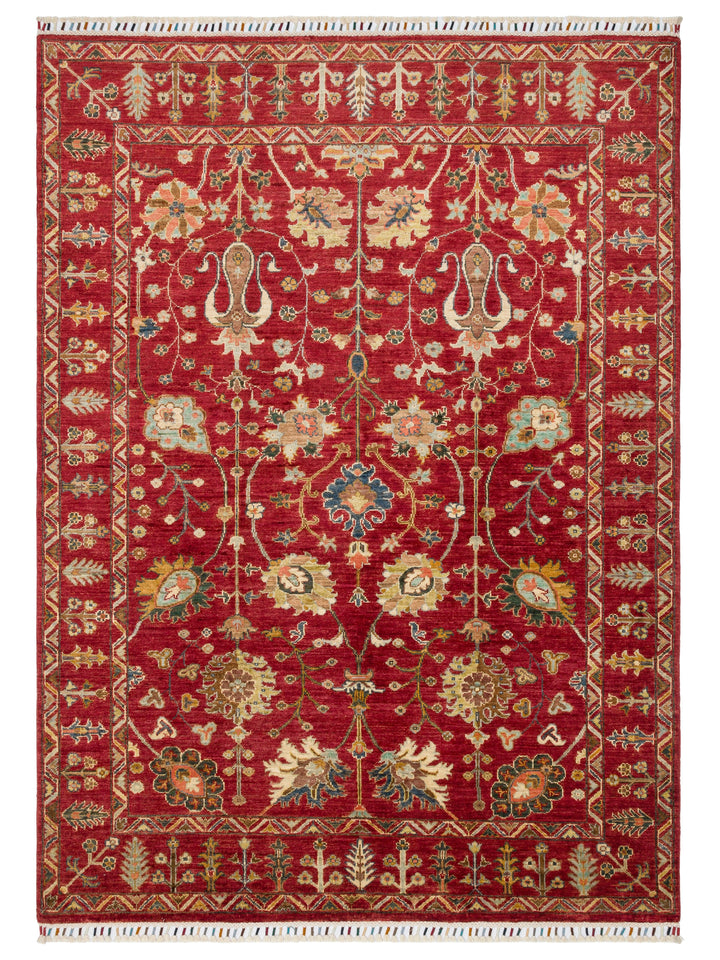 El dokuma Afgan halı kırmızı bitkisel desen 156 x 214 cm kuşbakışı