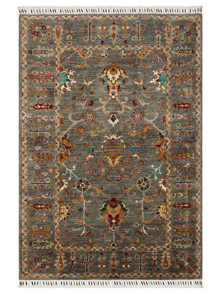 El dokuma Afgan halı gri bitkisel desen 122x177 cm