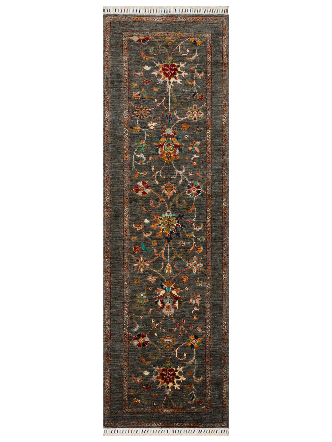 El dokuma Afgan halı antrasit bitkisel desen 82x263 cm
