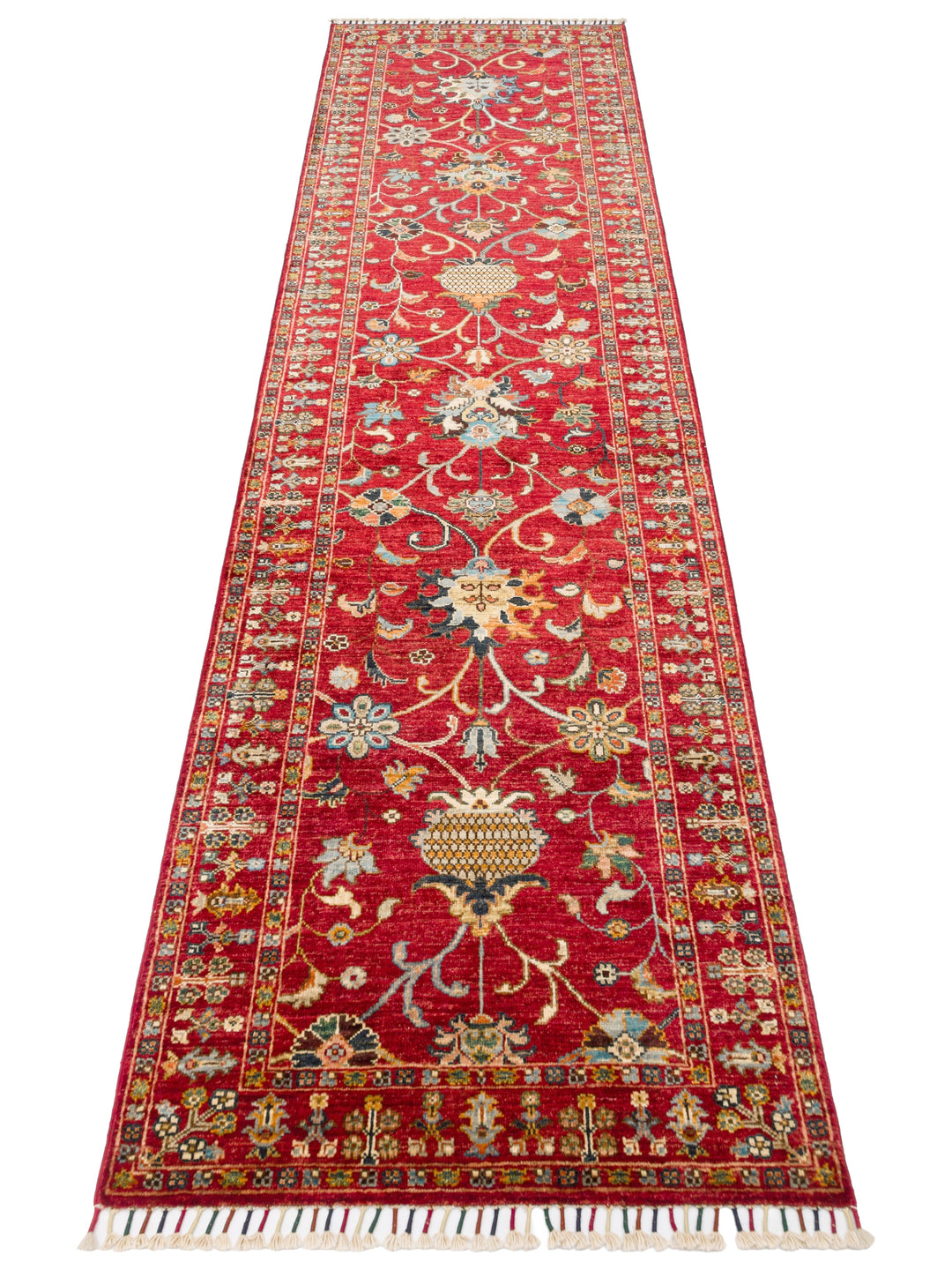 El dokuma Afgan halı kırmızı bitkisel desen 84x289 cm