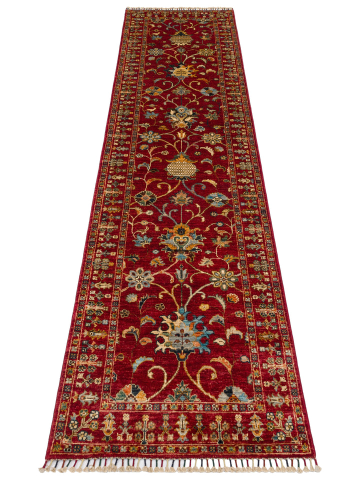 El dokuma Afgan halı kırmızı bitkisel desen 85x291 cm