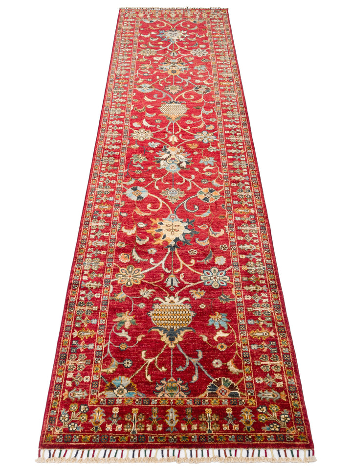 El dokuma Afgan halı kırmızı bitkisel desen 85x291 cm
