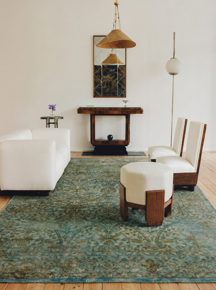 Indian Handmade Carpet Single Piece Wool and Silk Jaipur Lacuna Modern Overdyed Living Room Antique Sky Blue